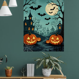 Dunkle Halloween-Landschaft mit Fledermäusen & Spi Poster