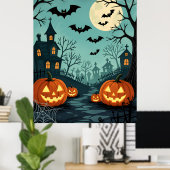 Dunkle Halloween-Landschaft mit Fledermäusen & Spi Poster (Heimbüro)