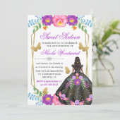 Dunkle Haut Frau mexikanische Blumenbekleidung Süß Einladung (Stehend Vorderseite)