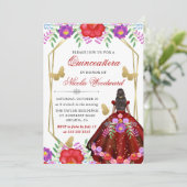 Dunkle Haut Frau mexikanische Blumenkleidung Quinc Einladung (Stehend Vorderseite)