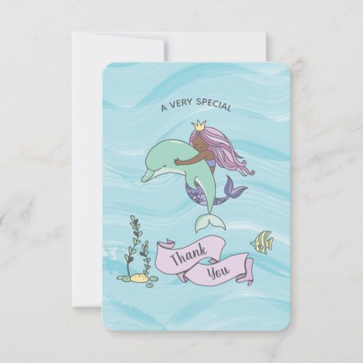 Dunkle Haut Lila Meerjungfrau mit Dolphin Dankeskarte (Vorderseite)