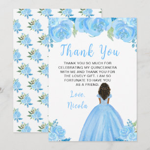 Dunkle Haut Prinzessin Blaue Florale Quinceanera Dankeskarte