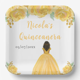 Dunkle Haut Prinzessin Gold Blumen Quinceanera Pappteller