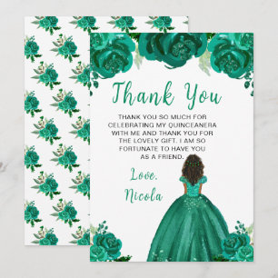 Dunkle Haut Prinzessin Grüne Florale Quinceanera Dankeskarte