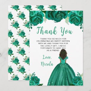 Dunkle Haut Prinzessin Grüne Florale Sweet Sixteen Dankeskarte