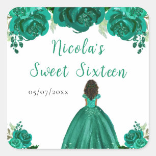 Dunkle Haut Prinzessin Grüne Florale Sweet Sixteen Quadratischer Aufkleber