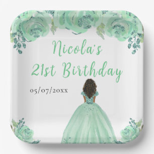 Dunkle Haut Prinzessin Mint Floral Geburtstagsfeie Pappteller