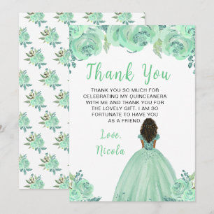Dunkle Haut Prinzessin Minze Floral Quinceanera Dankeskarte