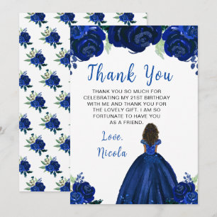 Dunkle Haut Prinzessin Navy Floral Geburtstagsfeie Dankeskarte