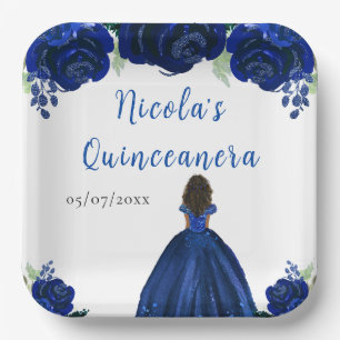 Dunkle Haut Prinzessin Navy Floral Quinceanera Pappteller