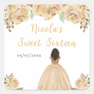 Dunkle Haut Prinzessin Peach Floral Sweet Sixteen Quadratischer Aufkleber