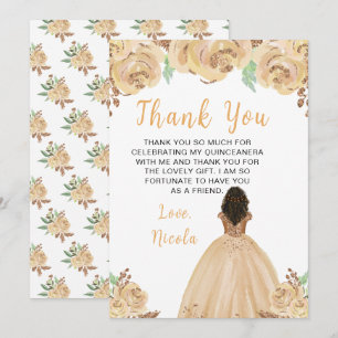 Dunkle Haut Prinzessin Peach Florale Quinceanera Dankeskarte