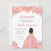 Dunkle Haut Prinzessin Pink Floral Quinceanera Einladung (Vorderseite)