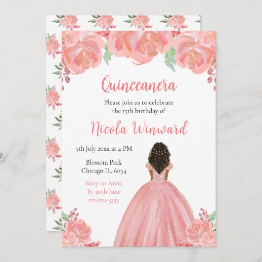 Dunkle Haut Prinzessin Pink Floral Quinceanera Einladung (Vorne/Hinten)