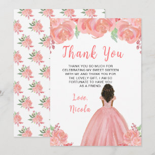 Dunkle Haut Prinzessin Rosa Blumen Sweet Sixteen Dankeskarte