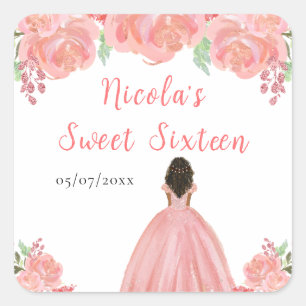 Dunkle Haut Prinzessin Rosa Blumen Sweet Sixteen Quadratischer Aufkleber