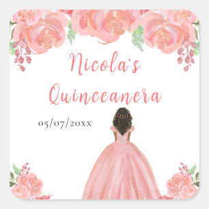 Dunkle Haut Prinzessin Rosa Florale Quinceanera Quadratischer Aufkleber