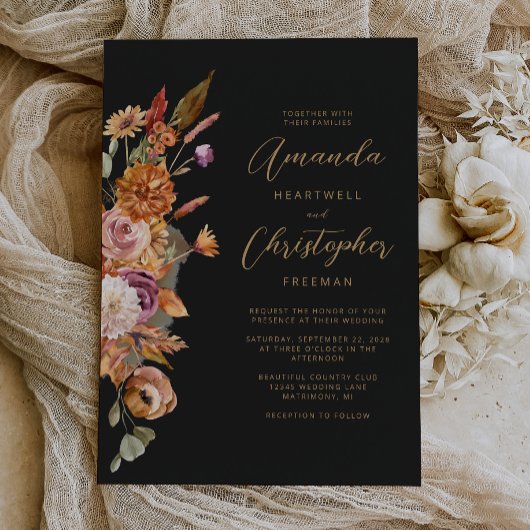 Dunkle Herbst-Blumen-Script-Hochzeit Einladung