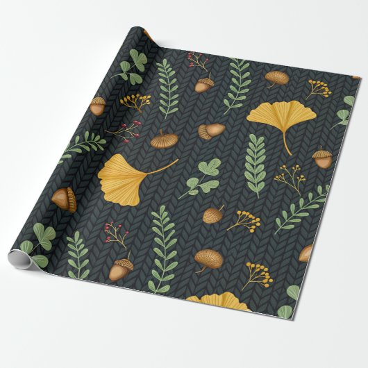 Dunkle Herbst-Geschenkverpackung mit Ginkgoblätter Geschenkpapier (Ungerollt)