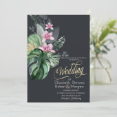 Dunkle Hochzeit tropischer Blume Einladung (Stehend Vorderseite)