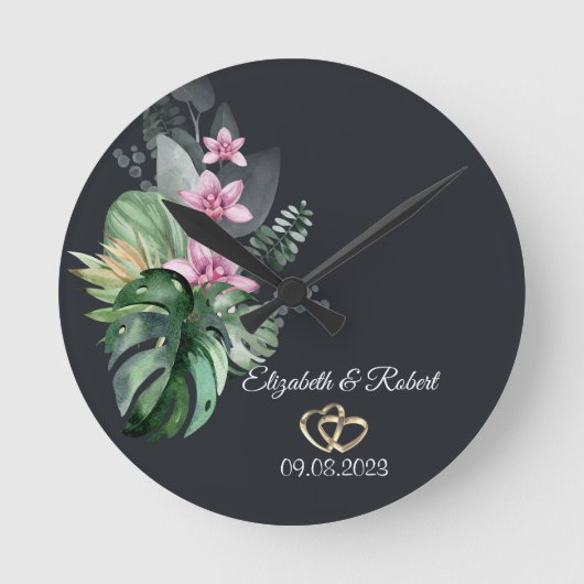Dunkle Hochzeit tropischer Blume Runde Wanduhr (Vorderseite)