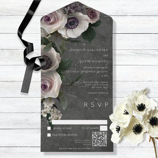 Dunkle Holzkohle Elegant Floral Moderner QR Code All In One Einladung