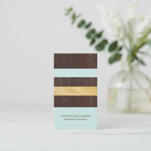 Dunkle Holzkörner, Gold und Aquamarine Streifen Mo Visitenkarte (Stehend Vorderseite)