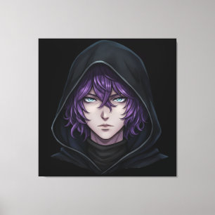 Dunkle Kapuzenjacke Anime-Junge mit lila Haar Leinwanddruck