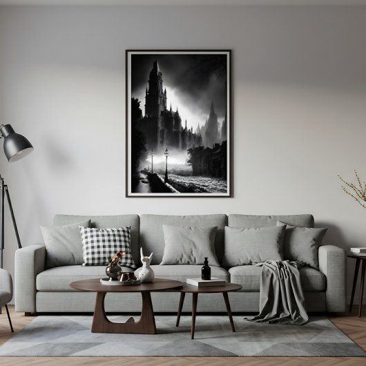 Dunkle Kathedrale: Geheimnisse im Nebel Leinwanddruck