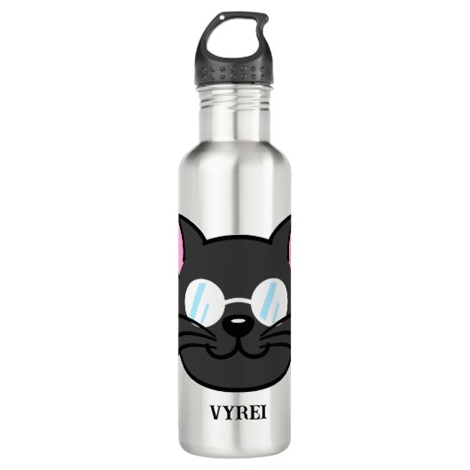 Dunkle Katze Schwarze Katze Gray Cat Tragen Brille Edelstahlflasche (Vorderseite)