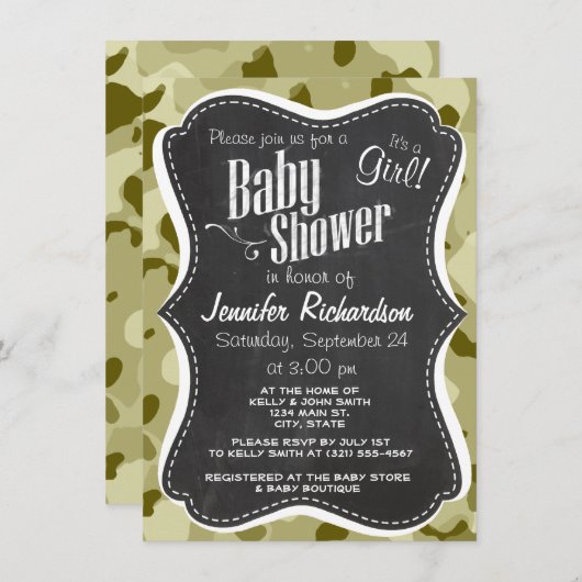 Dunkle Khaki-Camouflage; Retro-Chalkboard-Look Einladung (Vorne/Hinten)