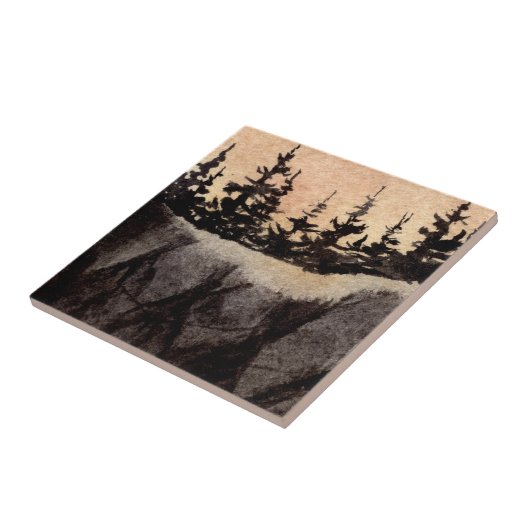 Dunkle Kiefern auf einer felsigen Klippe mit graur Fliese (Seite)