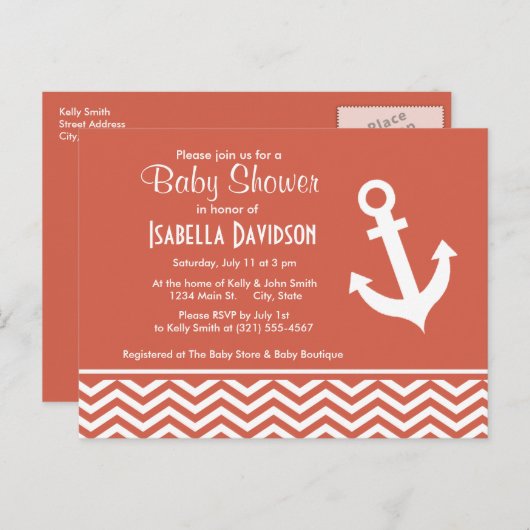 Dunkle Koralle Zickzack; Anker Einladungspostkarte (Vorne/Hinten)
