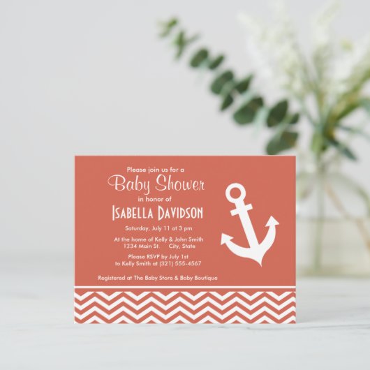 Dunkle Koralle Zickzack; Anker Einladungspostkarte (Stehend Vorderseite)