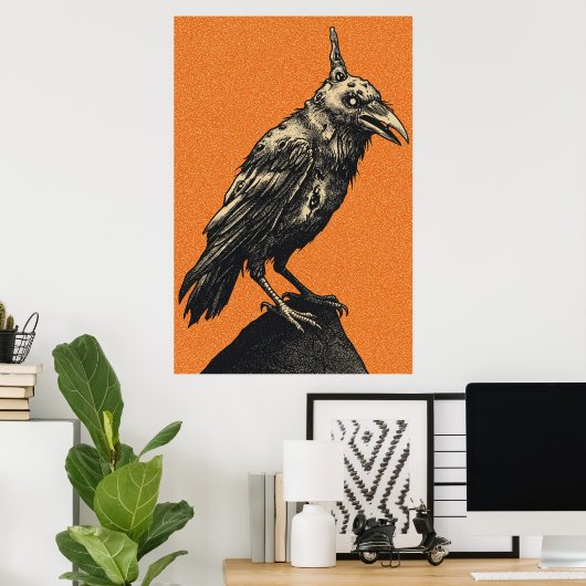 Dunkle Krähe auf gezacktem Felsen sitzend Poster (Heimbüro)