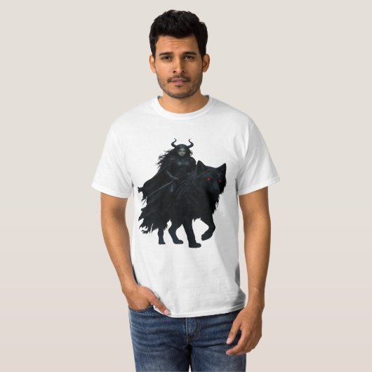 Dunkle Kriegerin auf Höllenwolf T-Shirt (Vorne ganz)