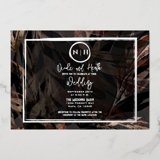 Dunkle Kupfer Brown Bronze Botanische Hochzeit Sil Folieneinladung (Vorderseite)