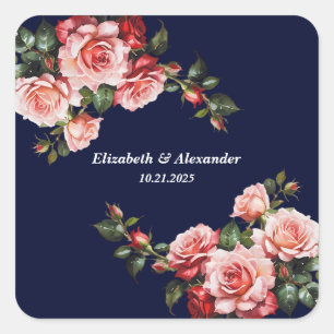 Dunkle, launische rosa und rote Rosen, marineblaue Quadratischer Aufkleber
