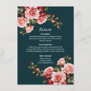 Dunkle, launische rosa und rote Rosen Teal-Hochzei Begleitkarte