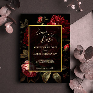 Dunkle, launische, vintage Rosen gothische Hochzei Save The Date