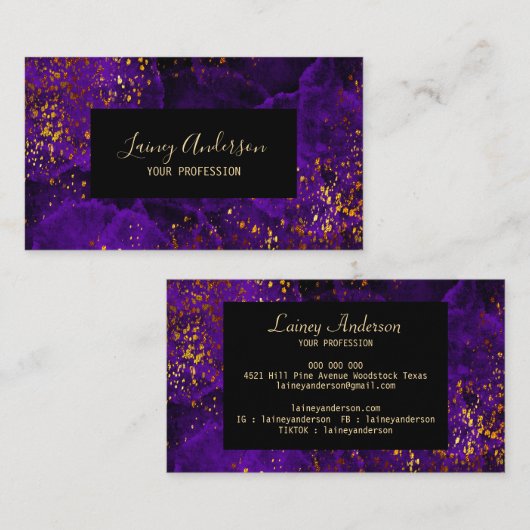 Dunkle lila Aquarellfarbe und Goldfolie aus Imitat Visitenkarte (Vorne/Hinten)
