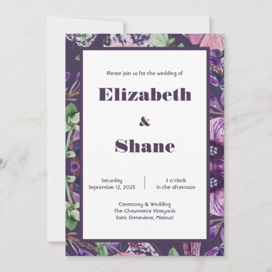 Dunkle Lila Blume Hochzeitseinladung Einladung (Vorderseite)