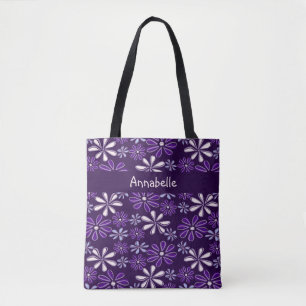 Dunkle lila Blumen Doodle Ihr Name Tasche
