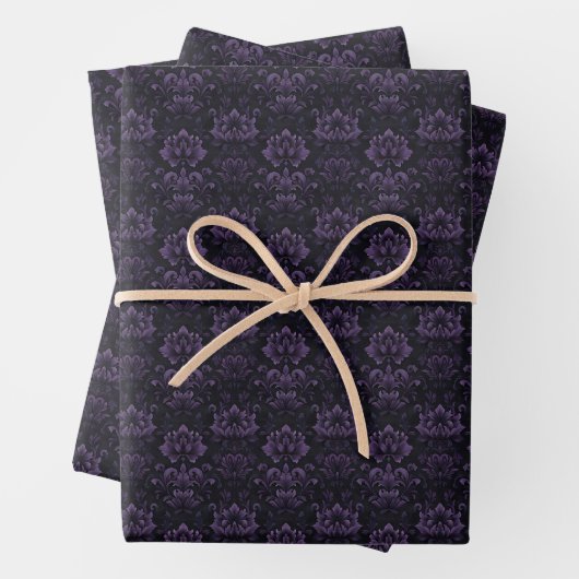 Dunkle Lila BlumenDamas auf Schwarz Geschenkpapier Set (Beispiel)