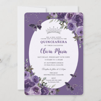 Dunkle Lila Blumenschmetterlinge Silver Quinceañer Einladung