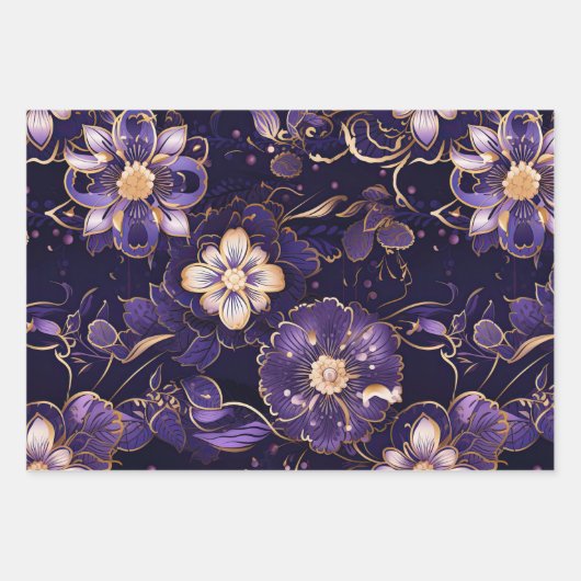 Dunkle Lila Blüten und Imitate Gold Geschenkpapier Set (Vorderseite 2)