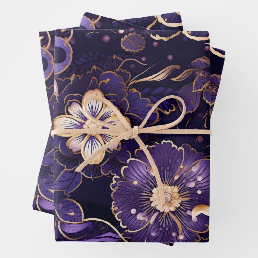 Dunkle Lila Blüten und Imitate Gold Geschenkpapier Set (Beispiel)