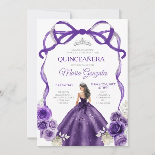 Dunkle Lila Bow Prinzessin Silver Crown Quinceañer Einladung (Vorderseite)