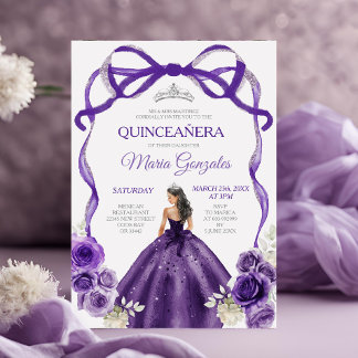 Dunkle Lila Bow Prinzessin Silver Crown Quinceañer Einladung