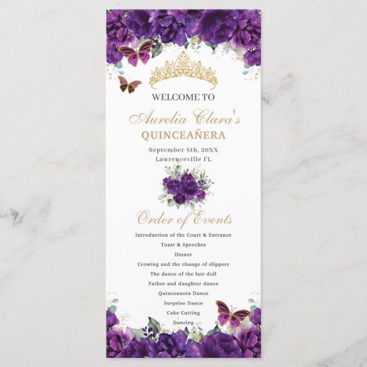 Dunkle Lila Flora Quinceñera Orden der Ereignisse Programm (Vorderseite)